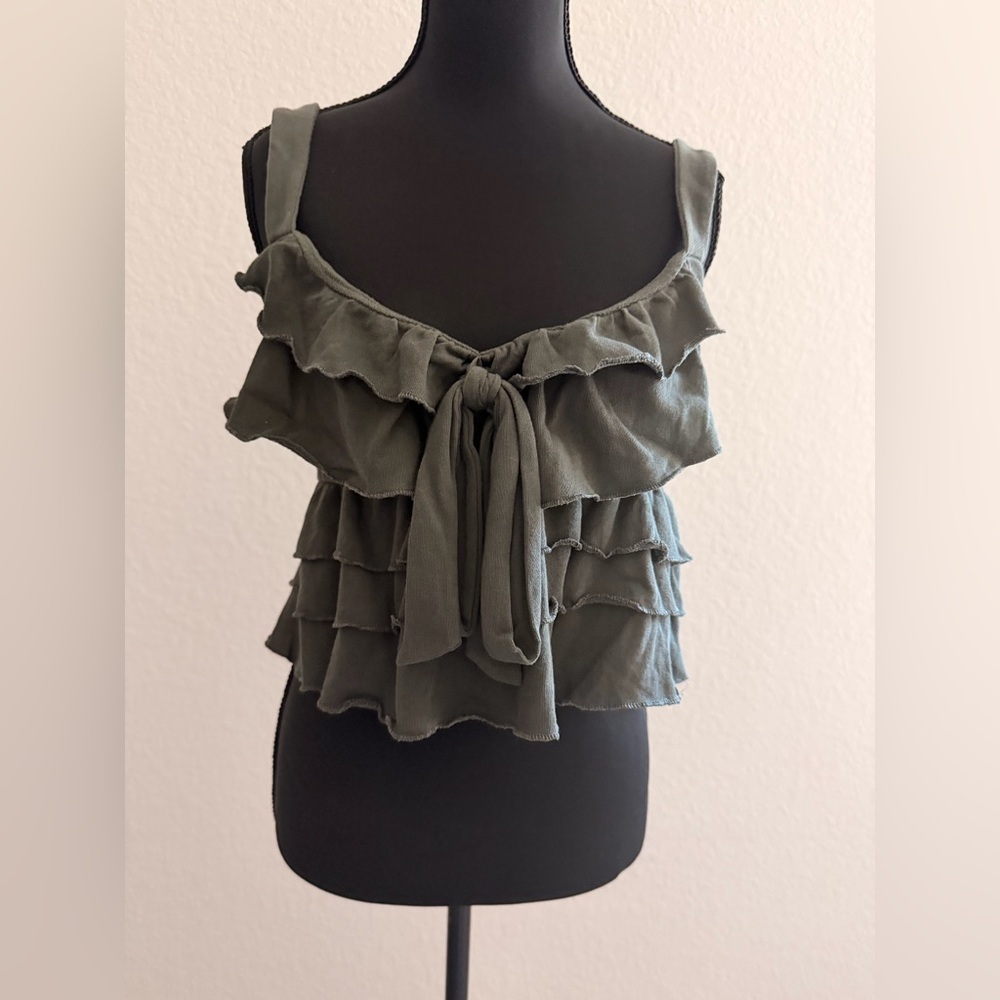 ZARA Olive Green Ruffle Crop Top | Tie-Front Boho Chic Blouse